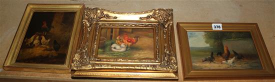 Dubois, chickens in a field, oil on panel; G Roy (20C), chickens in farmyard & a similar 19C French oil on panel (3)